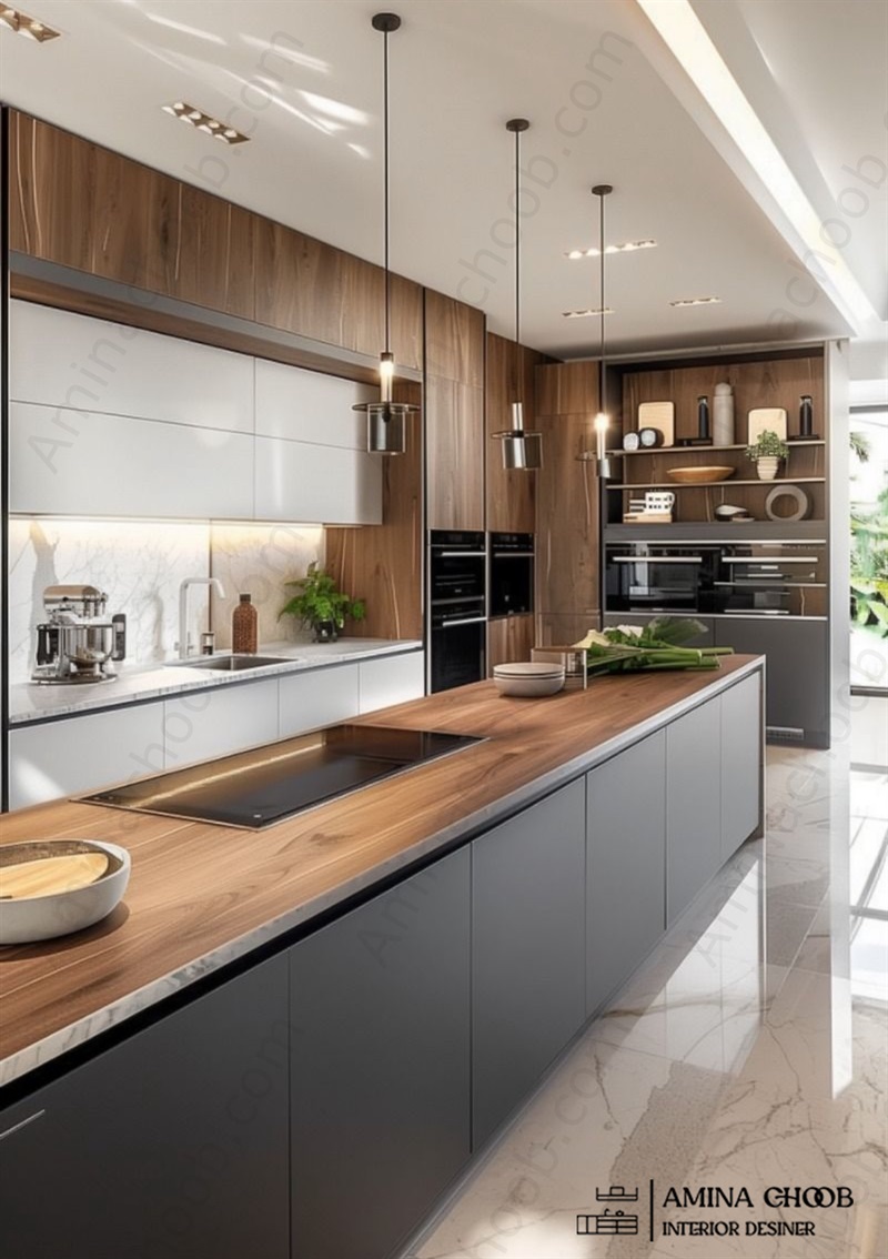 کابینت ترکیبی امدیاف و هایگلاس در رنگهای گرم