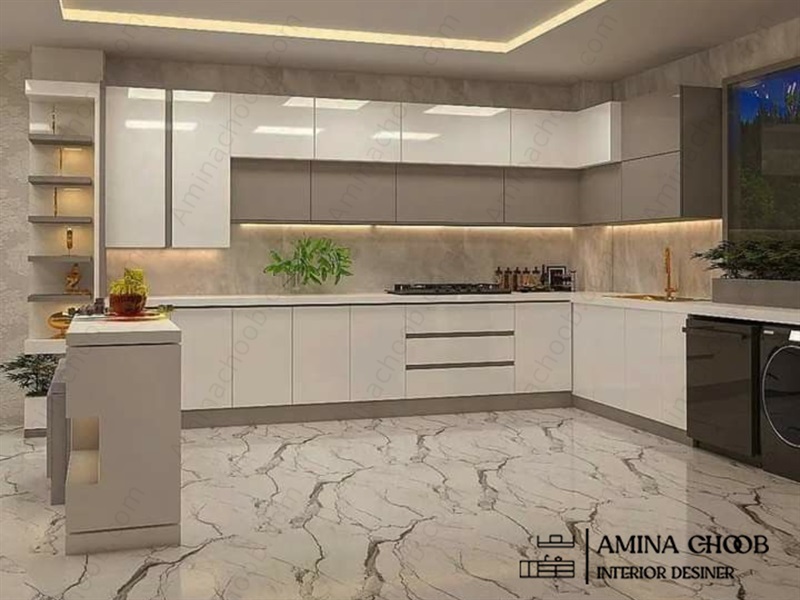 طرح 3D کابینت هایگلاس بژ اکلیلی