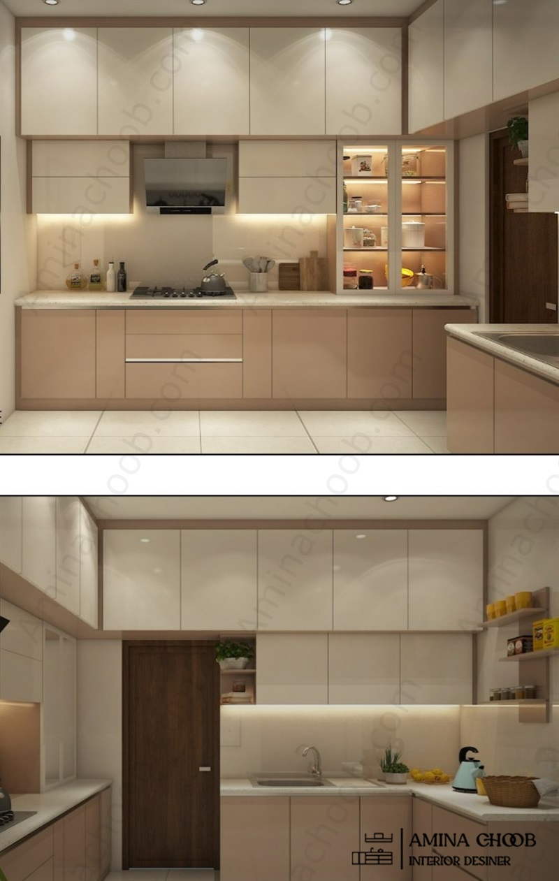 کابینت هایگلاس بژ اکلیلی با ترکیب رنگ کرم