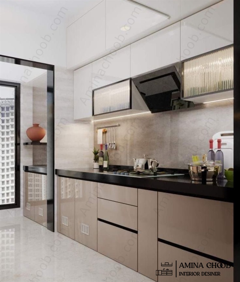 کابینت هایگلاس بژ اکلیلی با صفحه مشکی