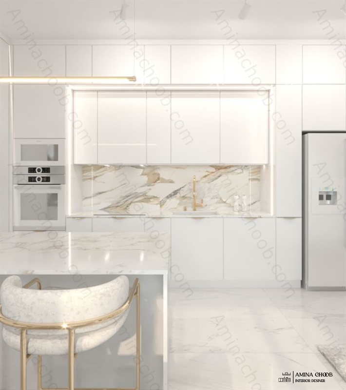 جلوه ی زیبایی رنگ سفید طلایی در کابینت هایگلاس